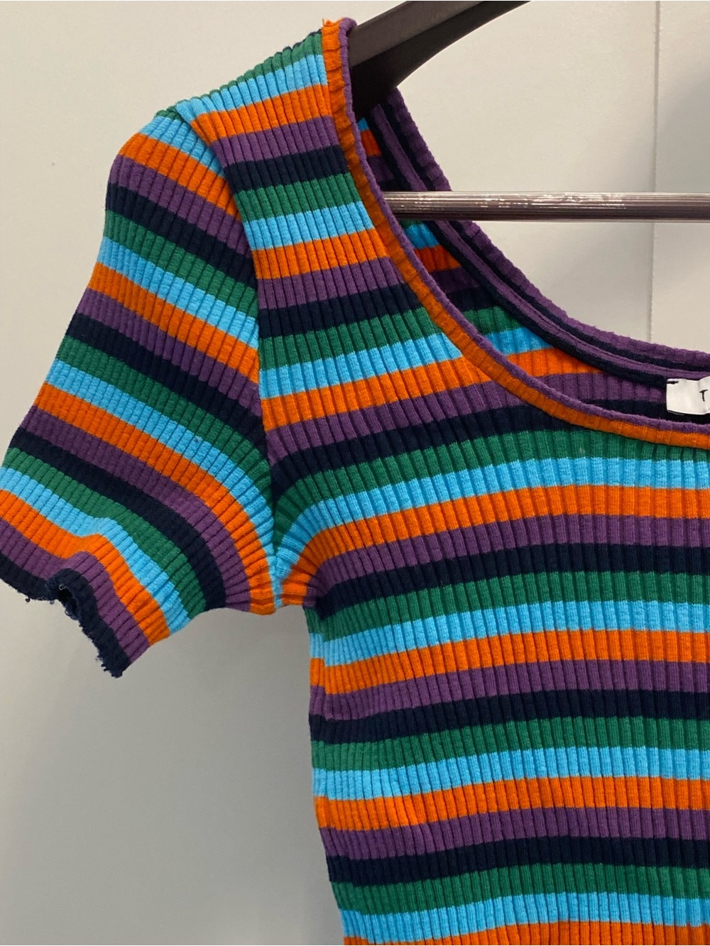 Vintage Multi-Stripe Ribbed Scoop Neck Tee - Blue, Green, Orange, Purple - Picture 7 of 11